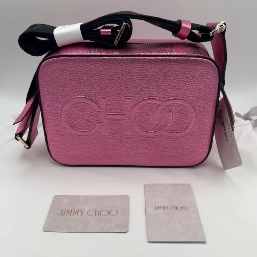 NWT Jimmy Choo Peony Pink Metallic Leather Camera Crossbody - Picture 2 of 12
